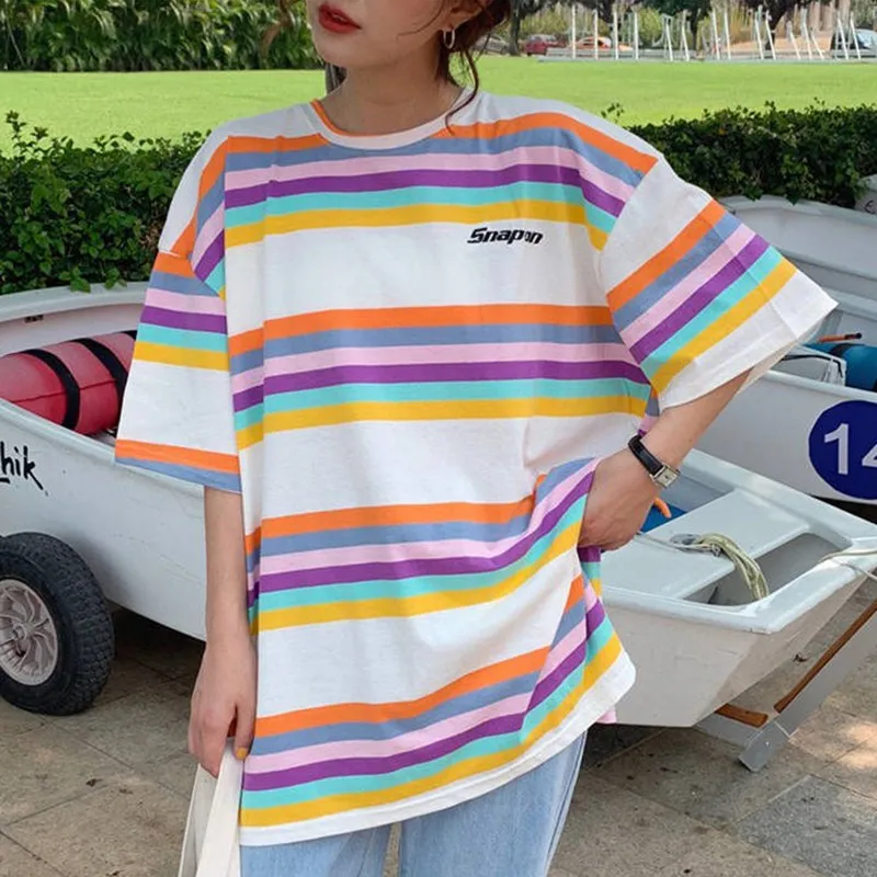 

Harajuku Vintage Ulzzang Girlfriends Stripe Printed t-Shirts 2019 Short Sleeve
