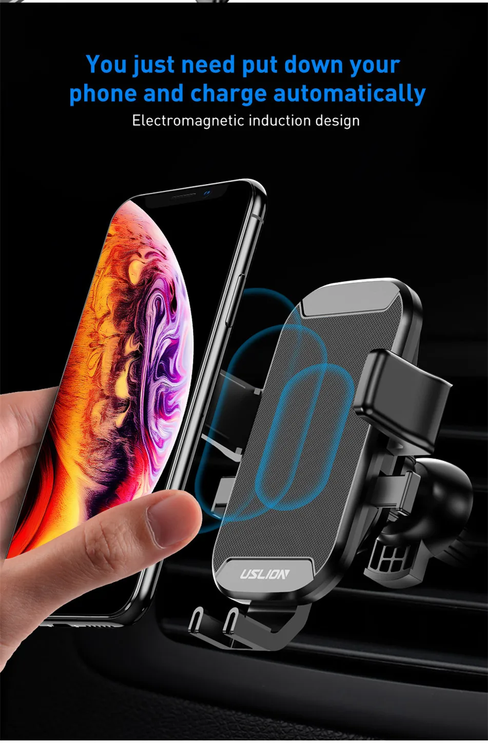 USLION автомобильный держатель Qi Беспроводное зарядное устройство для iPhone 7 8 XS MAX XR 10 Вт быстрая Беспроводная зарядка автомобильный держатель телефона для samsung Note 9 S9