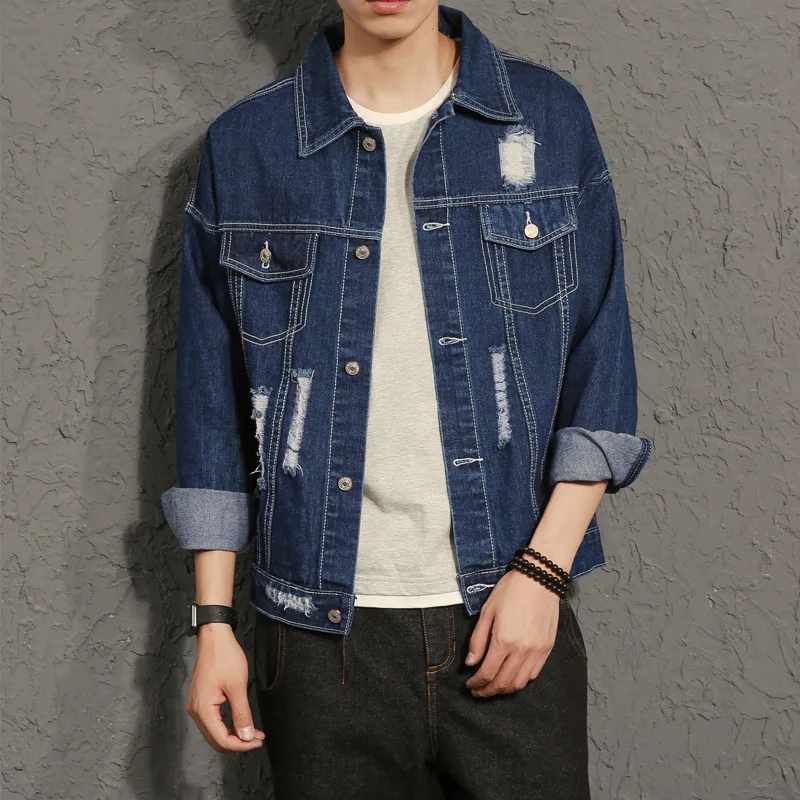 LEDINGSEN новые дизайнерские Синие рваные джинсовые куртки для мужчин Vinage Distressed