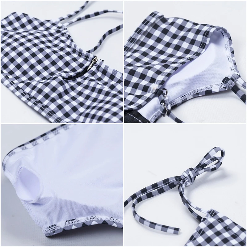 Новинка 2018 женский купальник на молнии спереди черный белый в клетку купальный