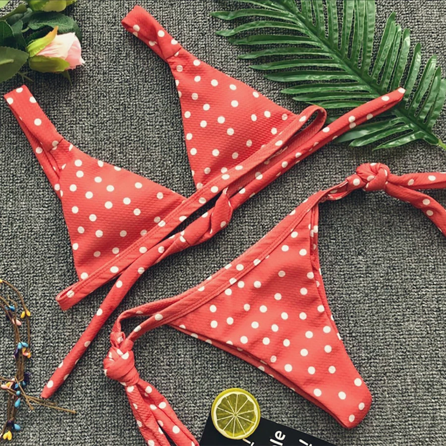 Комплекты бикини в горошек 2018 оранжевый треугольный купальник сексуальное