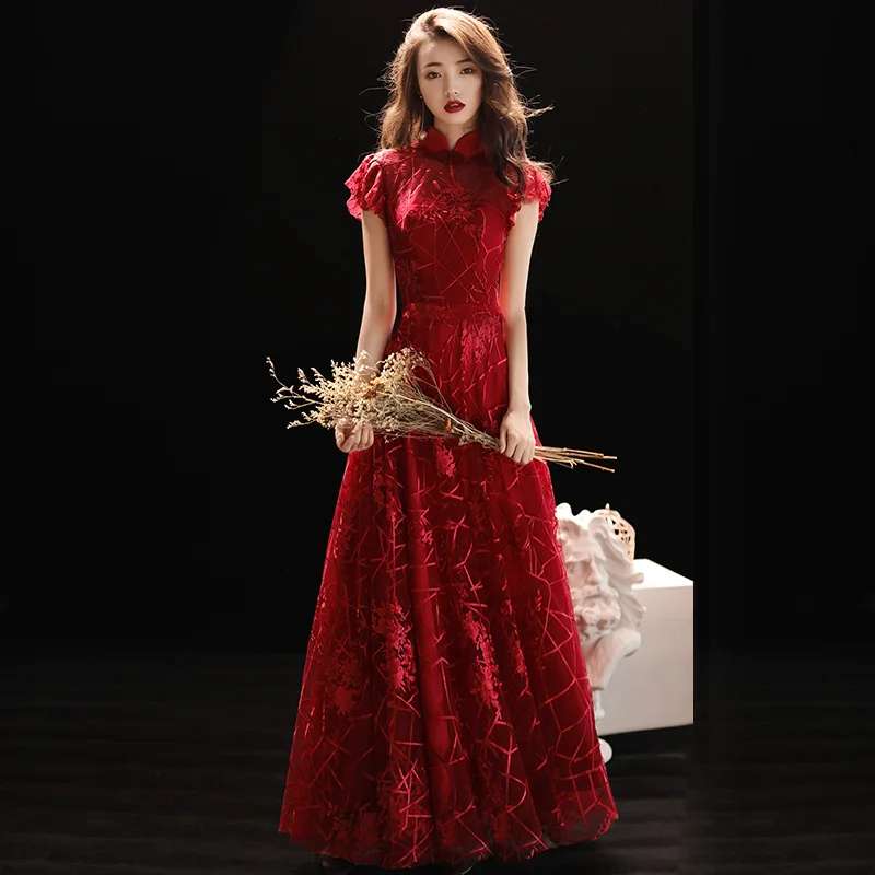 

Elegant Female Chinese Classic Cheongsam Traditional Evening Party Dress Sexy Slim Long Qipao Large Size 3XL Lace Vestidos