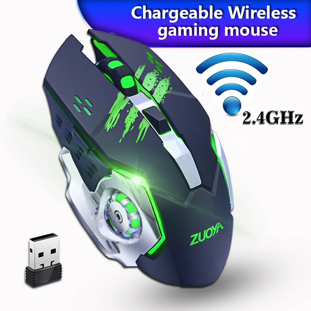 ZUOYA 2,4 ГГц Тихая мышь игровая Беспроводной Мышь Adjustable2000DPI Перезаряжаемые мыши с подсветкой USB светодиодный оптическая игровая Мышь для портативных ПК