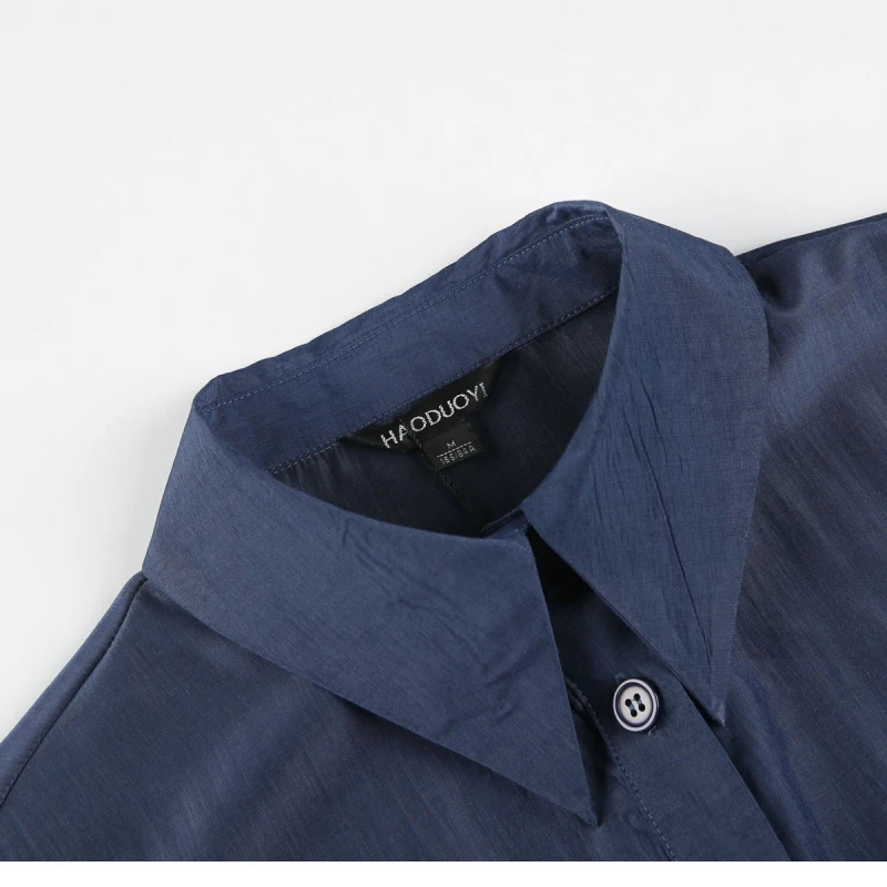 

Women Boy Style Turn-down Collar Single Breasted Loose Plus Size Long Sleeves Silk Shirt Blouse Navy Blue TA02800127