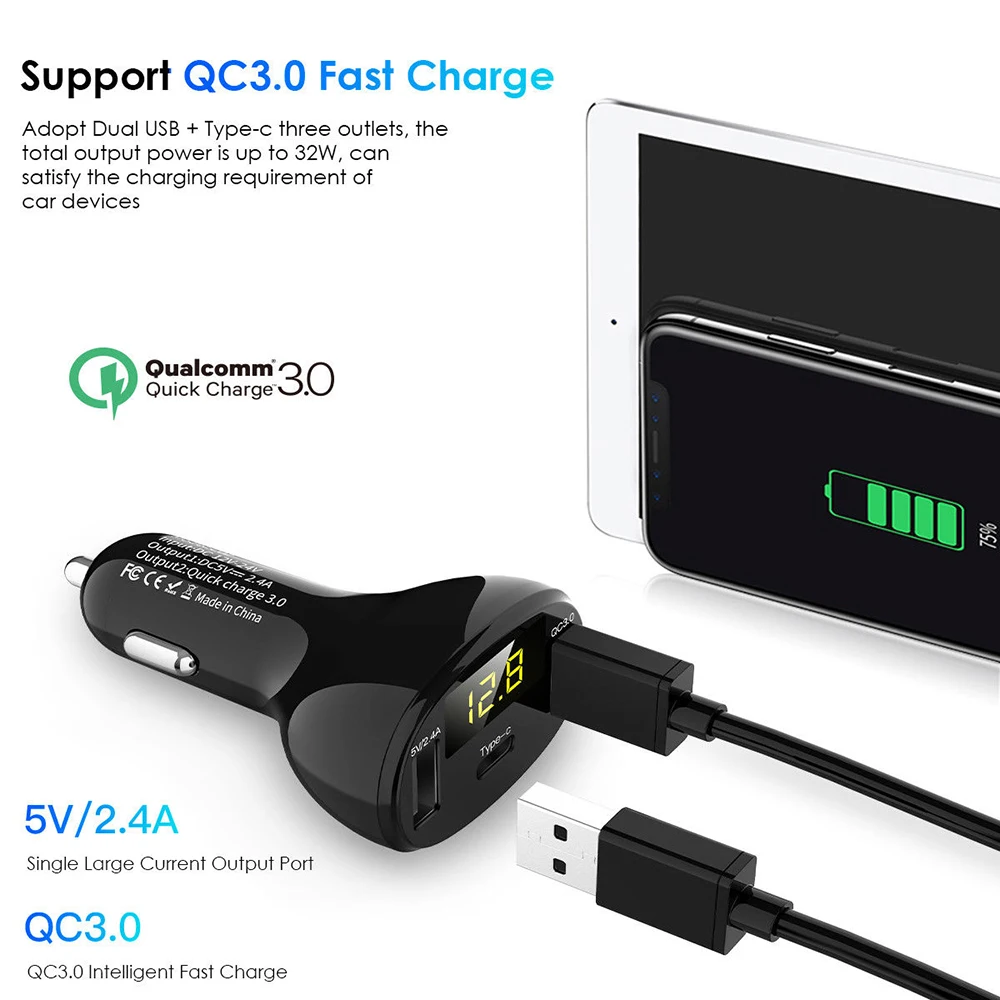 Многофункциональный 3 порта USB Type c QC3.0 быстрая зарядка автомобильное зарядное