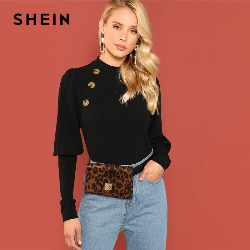 SHEIN Однотонный Джемпер С Длинным Рукавом, Трикотажная Блуза С Декоративными Пуговицами И Высоким Воротником