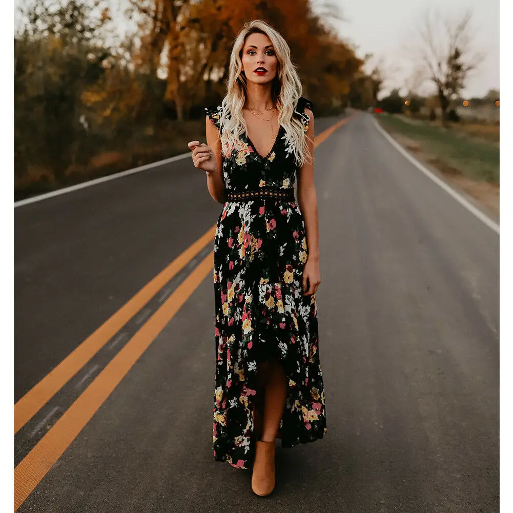 Женское летнее длинное платье в стиле бохо с цветочным принтом и V образным