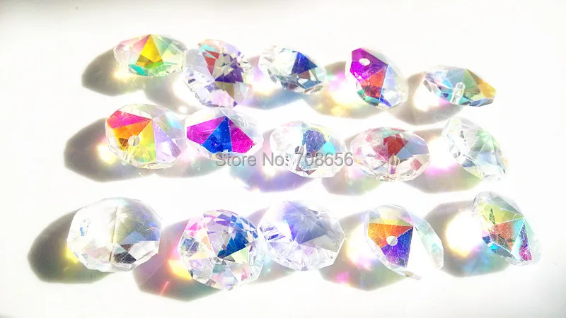 

200pcs 14MM CLEAR AB COLOR CRYSTAL OCTAGONAL LOOSE BEADS IN 1 HOLE COLORED CHANDELIER PRISMS FREE SHIPPING