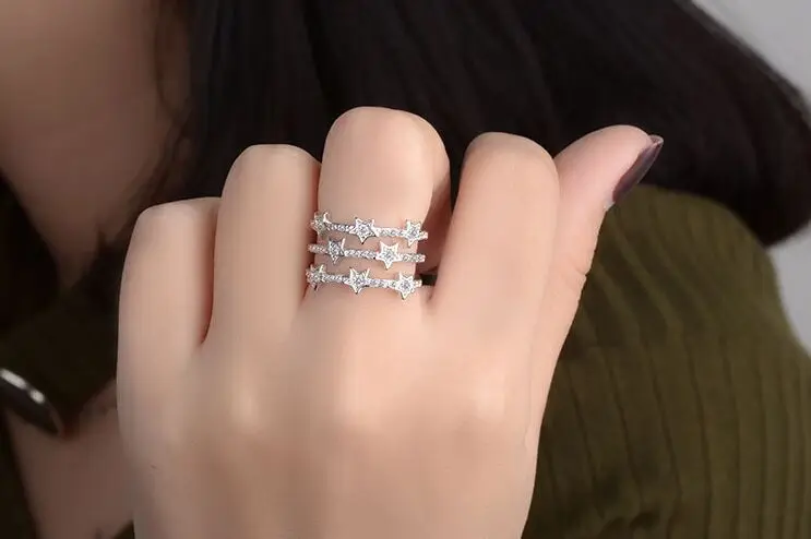 Женское трехслойное изысканное кольцо со звездочками из циркона S925 для