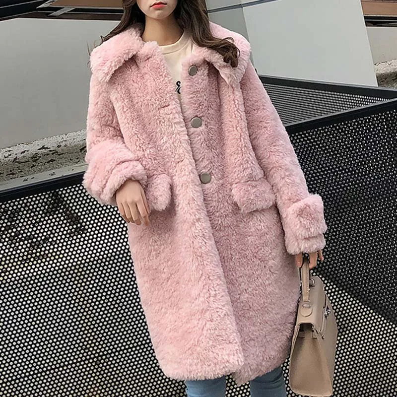 pink long fur coat Белая длинная плюшевая куртка, пальто для женщин, Зимняя мода, искусственный мех ягненка, пальто, толстое теплое однобортное пальто, женская длинная верхняя одежда - Цвет: pink long fur coat