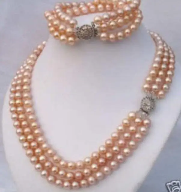 Charming elegant 3Rows 7-8 mm Pink Pearl Necklace Bracelet