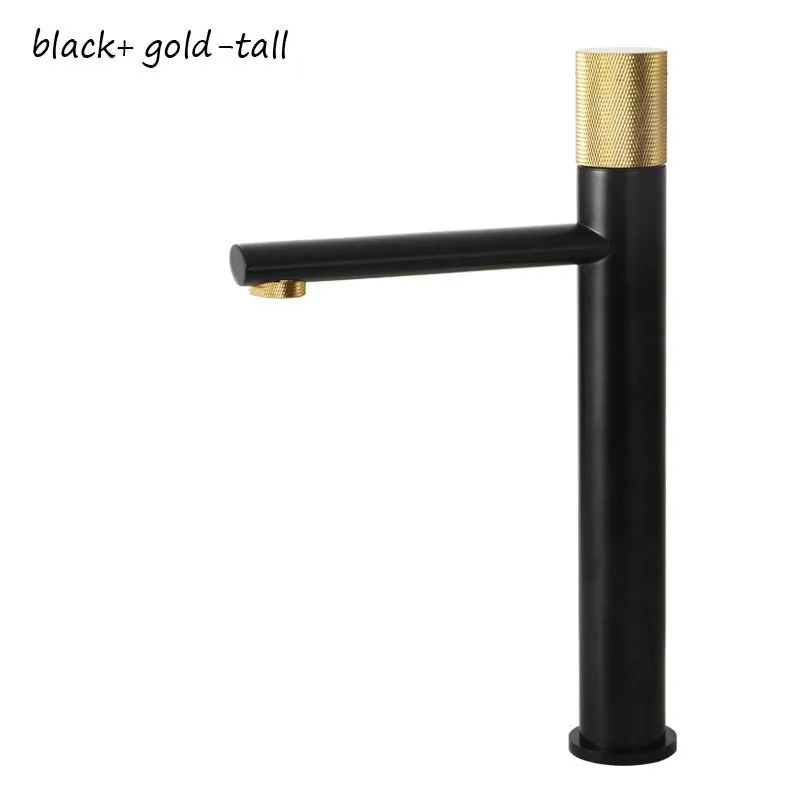 black-gold-Tall Накатывающаяся ручка, кран для раковины ванной комнаты, Твердый латунный кран для раковины, смеситель для холодной и горячей воды, смеситель на бортике, черный/матовый золотой/серый - Color: black-gold-Tall