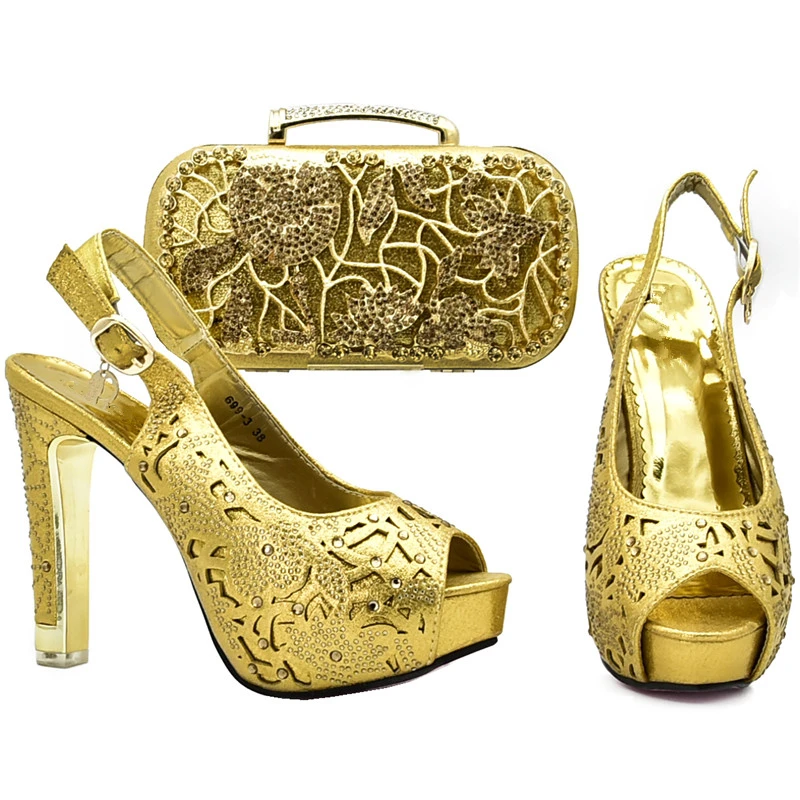 New Arrival Shoe and Bag for Nigeria Party African Wedding Shoes and Bag Set Decorated with Rhinestone Matching Shoe and Bag Set