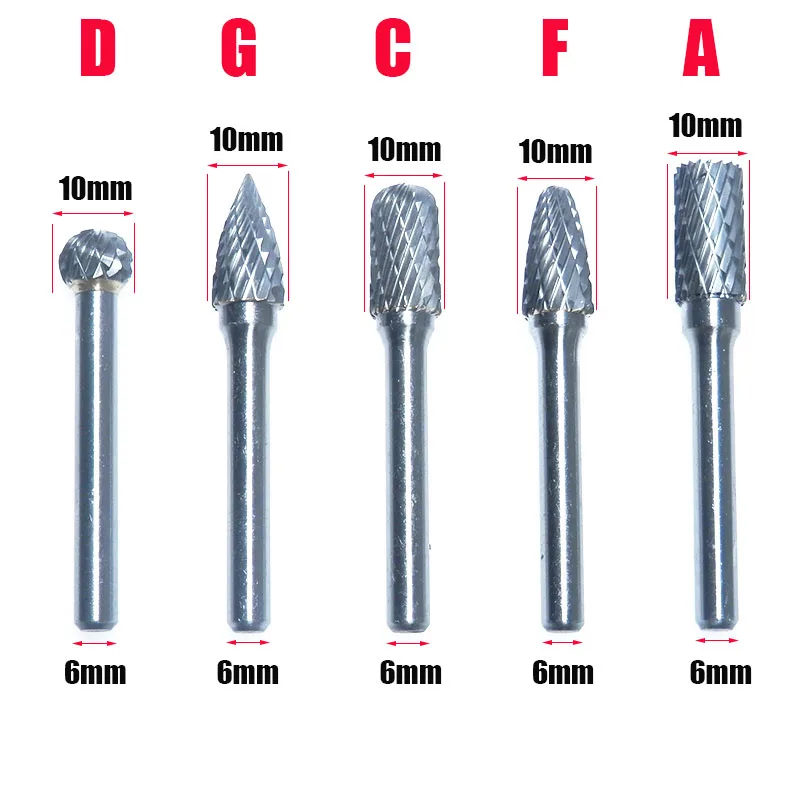 5pcs D G C F A 5 шт. 10 мм Головка Вольфрамовая сталь карбид роторные напильники напильник Гравировка инструмент сверла резьба заусенцы фреза - Цвет: 5pcs D G C F A