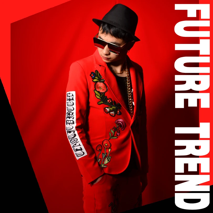 

M-6XL!!Nightclub Bar Male Singer DSDJ Embroidery Cloth Stitching Red Suit Big Bar Performance Costume Accessories.