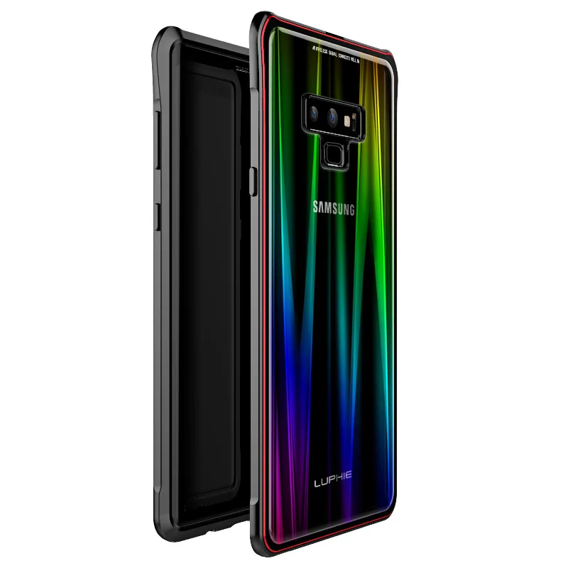 LUPHIE для samsung Galaxy Note 9 чехол бренд- магнитный Алюминий Металл оправа закаленное стекло чехол Чехлы Coques Capa - Цвет: black red