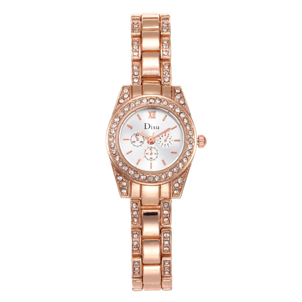 Женские часы со стразами розовое золото нержавеющая сталь ремешок кварцевые