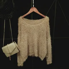 khaki Cakucool/13 цветов, вязаные топы с блестками, женские джемперы с длинными рукавами, круглый вырез, повседневный свободный блестящий свитер из искусственной норки для волос, Femme - Цвет: khaki