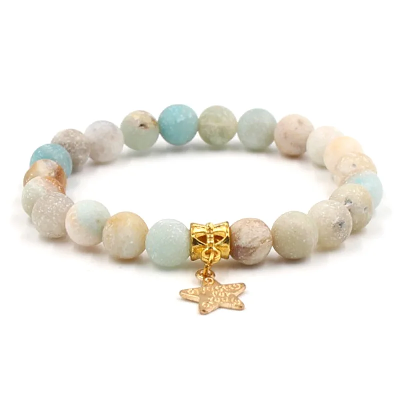 Simple Jewelry Star Leaf Crown Pendant Bracelets 8mm Frosted Amazonite Beaded Bracelet For Women Men Yoga Energy Gifts | Украшения и