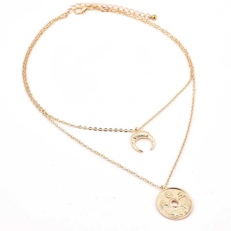 2 шт./компл. Панк Монета с вышитым цветком и луна цепь кулон женское ключичное