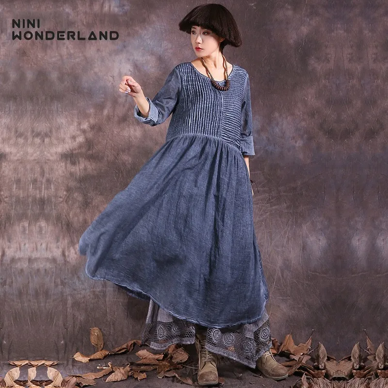 NINI WONDERLAND Новинка 2018 весенние однотонные хлопковые льняные винтажные платья для