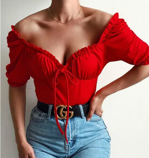 Newest Women lady solid crop tops Hot summer off shoulder bandage short sleeve shirt Strapless Casual Tank Top Club Camis