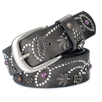hot flowers women belts good quality leather waist straps metal buckle luxury rivets rhinestone belts popular lady girdle belts