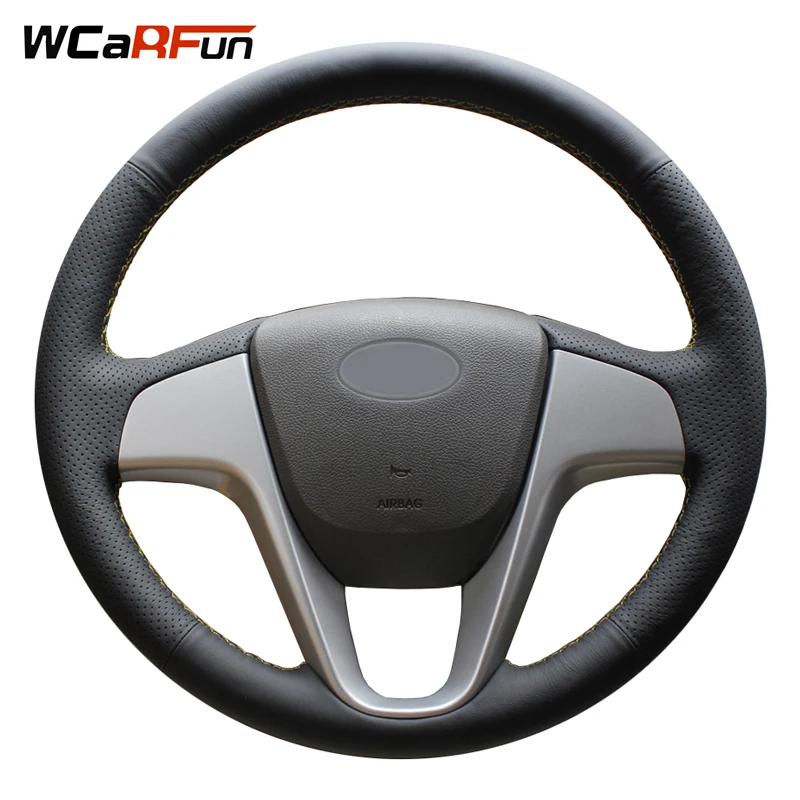 WCaRFun DIY сшитый вручную черный искусственный кожаный чехол рулевого колеса автомобиля для hyundai Solaris Verna i20 2008-2012 Accent