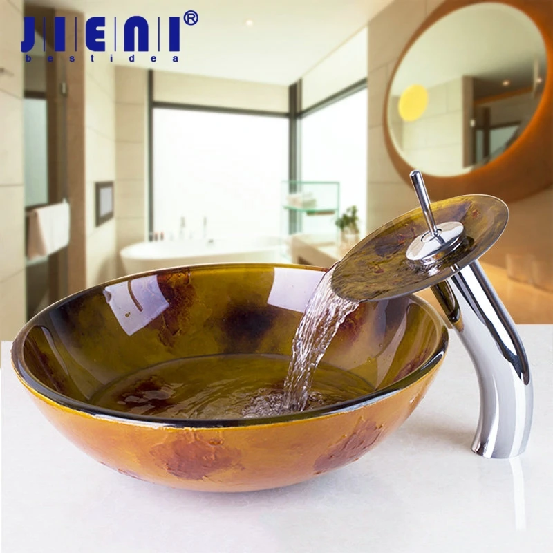 

JIENI Tempered Glass Sink Victory Vessel Bathroom Washbasin Counter Top Waterfall Glass Brass Faucet Set Basin Sink Mixer tap