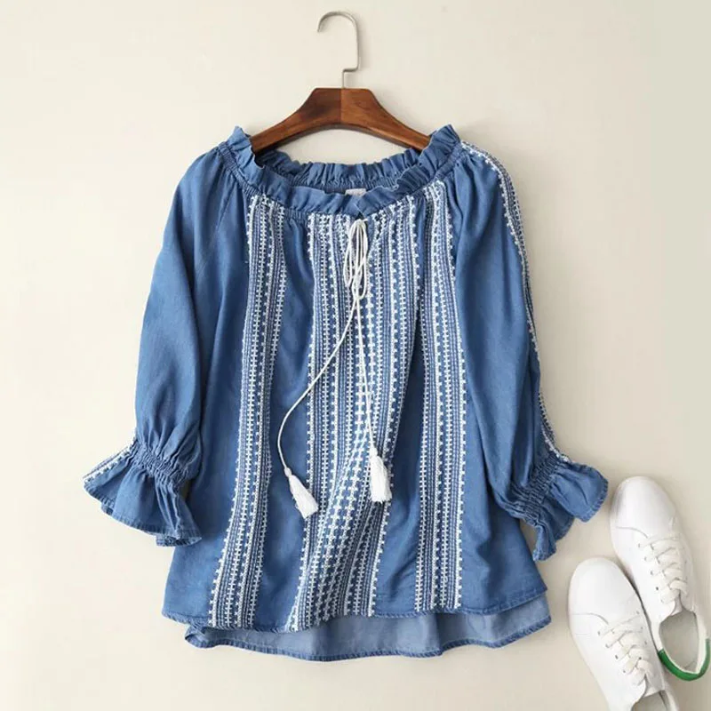 Light blue Осень Лето blusas femininas джинсовые рубашки для дам Тяжелая Вышивка Повседневная Блузка женские свободные джинсовые рубашки синий - Цвет: Light blue
