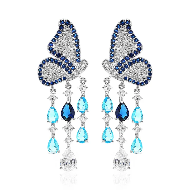 Blue Принцесса бабочка серьги висячие серьги с кисточками женские Роскошные Красочные капли воды циркония 925 булавка ювелирные изделия XIUMEIYIZU горячая распродажа - Окраска металла: Blue