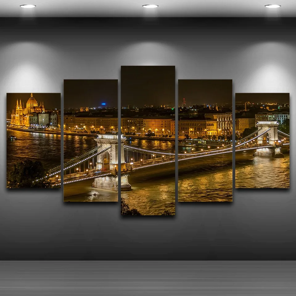 

Модульные винтажные картины ночного вида, 5 панелей, венгерский город, домашний декор, картины на холсте, настенное искусство для гостиной, HD...