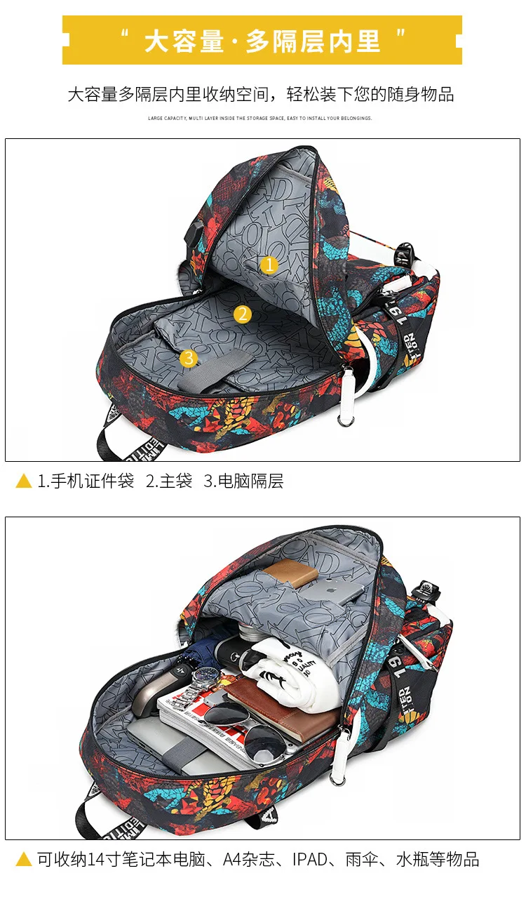 Подростковый Рюкзак Mochila студенческий школьный модный принт сумка для ноутбука мужские дорожные сумки usb зарядка ранец Женский Оксфорд рюкзак