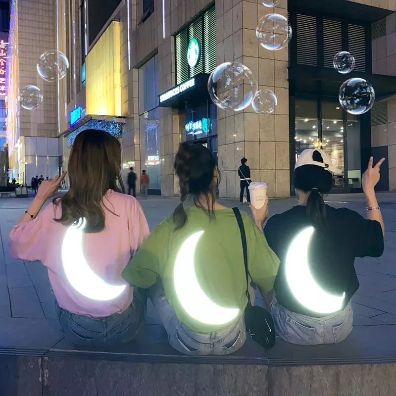 Новинка, женская футболка, светоотражающая, с принтом Луны, harajuku, рубашка большого размера, с коротким рукавом, рубашки, уличная одежда
