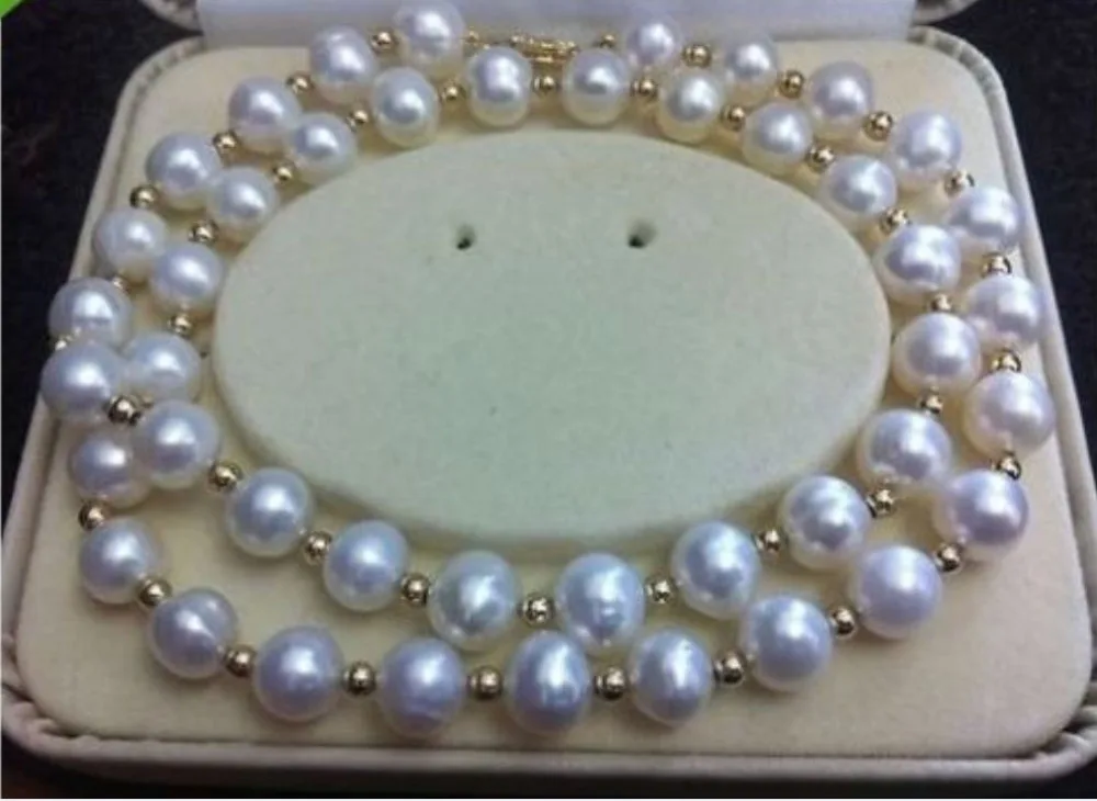 

Free Shipping REAL NOBLEST AAA+ 9-10MM AKOYA WHITE NATURAL PEARL NECKLACE 18" 14KGP GOLD CLASP