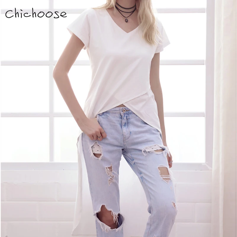 Классический Асимметрия Коротким Рукавом Футболки Женский Короткий Передний За