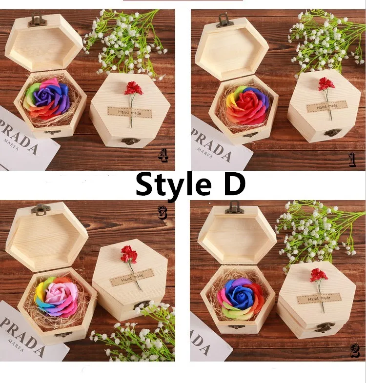 style D YO CHO 1 шт. цвет мыло роза в деревянной подарочной коробке искусственный консервированный цветок красная роза DIY День рождения День Святого Валентина подарок домашний декор - Цвет: style D