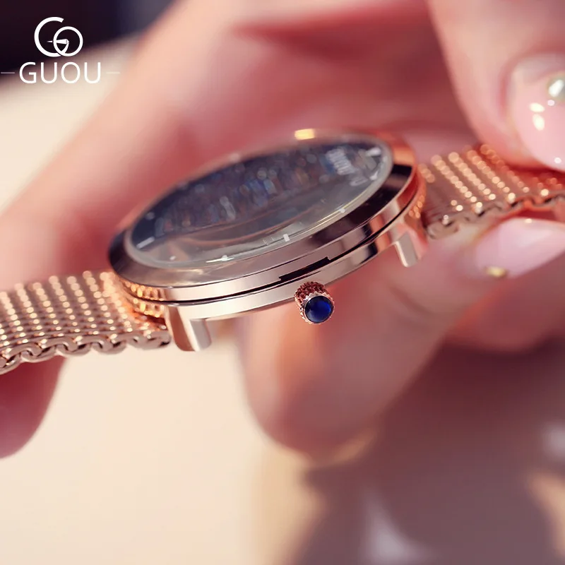 Luxury GUOU Pretty Bling Stars Full Stainless Steel Quartz Wristwatches Wrist Watch Bracelet for Women Ladies Girls Rose Gold | Наручные