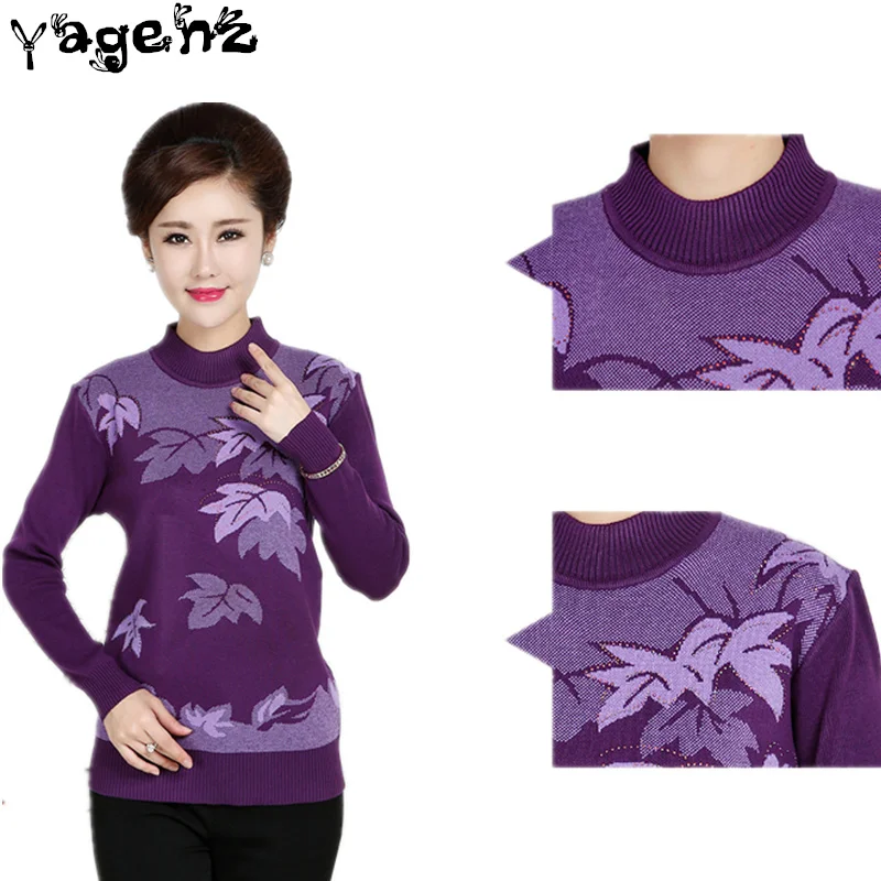 

2019 New Women Knitted Pullover Sweater Half Turtleneck Autumn Winter Middle Age Mother Printed Flower Knit Bottoming Shirt A139