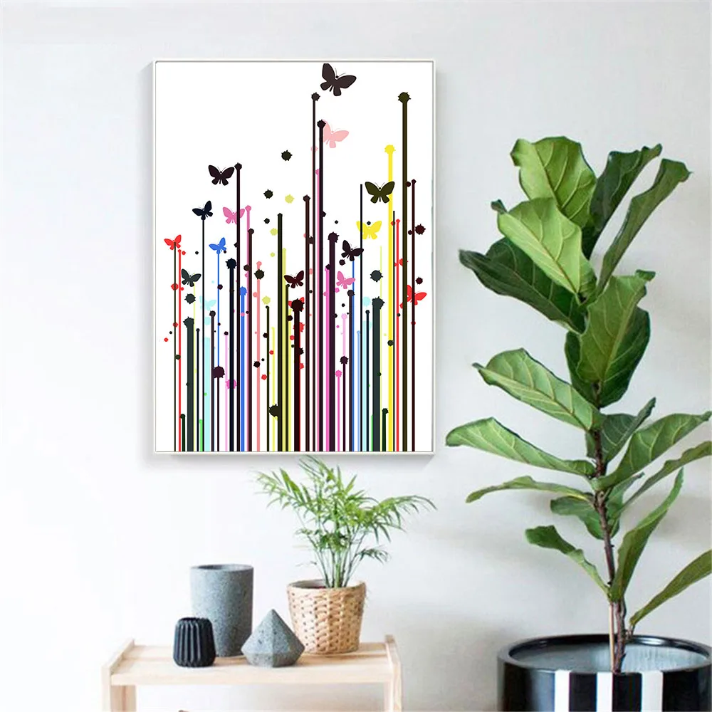 Абстрактные животные Холст Живопись Красочные бабочки и линии плакат печать