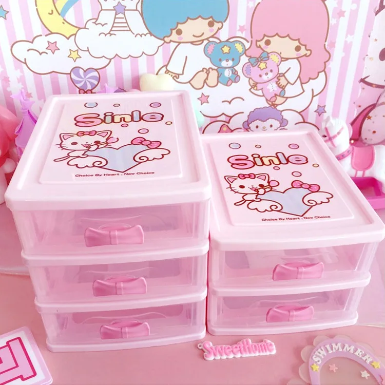 Розовый hello kitty органайзер для хранения, трехслойный ящик для офиса, Рабочий стол, KT Cat, коробка для хранения, пластиковая корзина, контейнер для макияжа, ювелирная коробка