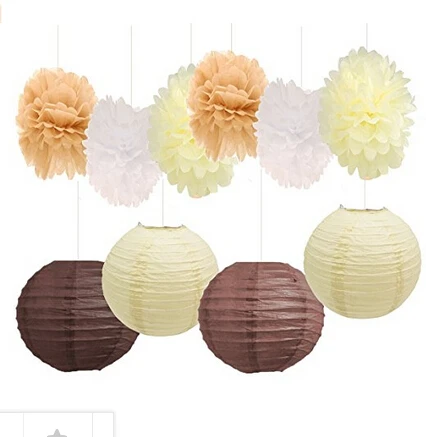 Коричневые кремовые белые бумажные Pom фонарики для деревенского свадебного