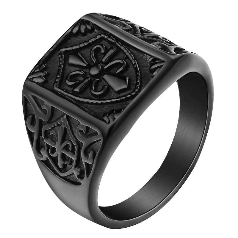 Модное Золотое кольцо Fleur De Lis Shield, мужское серебряное кольцо с крестом, кольцо с печаткой из нержавеющей стали, байкерские ювелирные изделия, Размер 7-14 - Цвет основного камня: Black