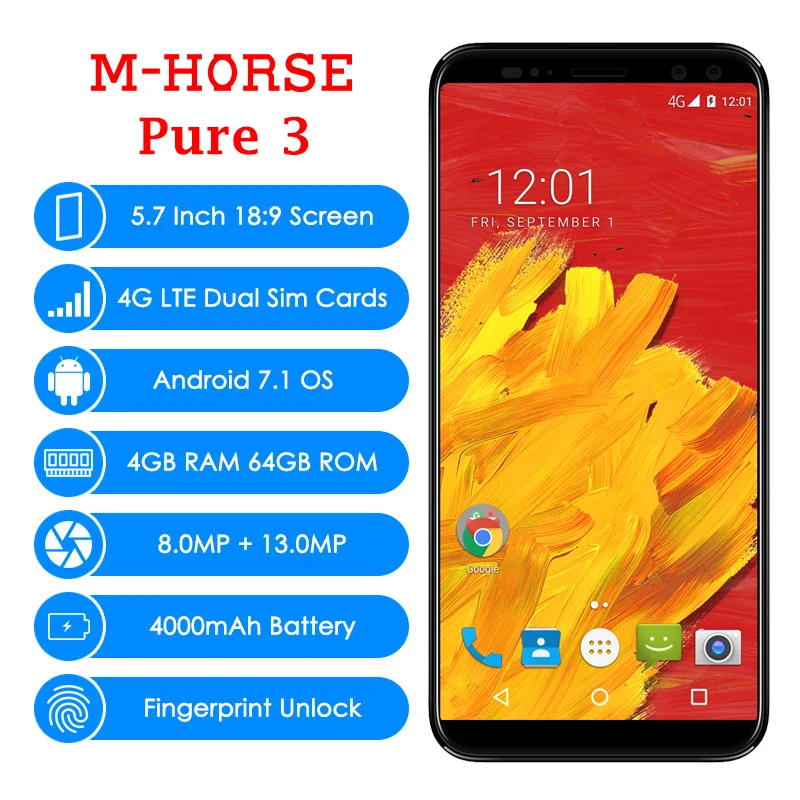 M Horse Pure 3 18:9 "5 7 HD + мобильный телефон Android 1 Octa Core 4G B 6 MTK6763 13MP Quad камеры отпечатков