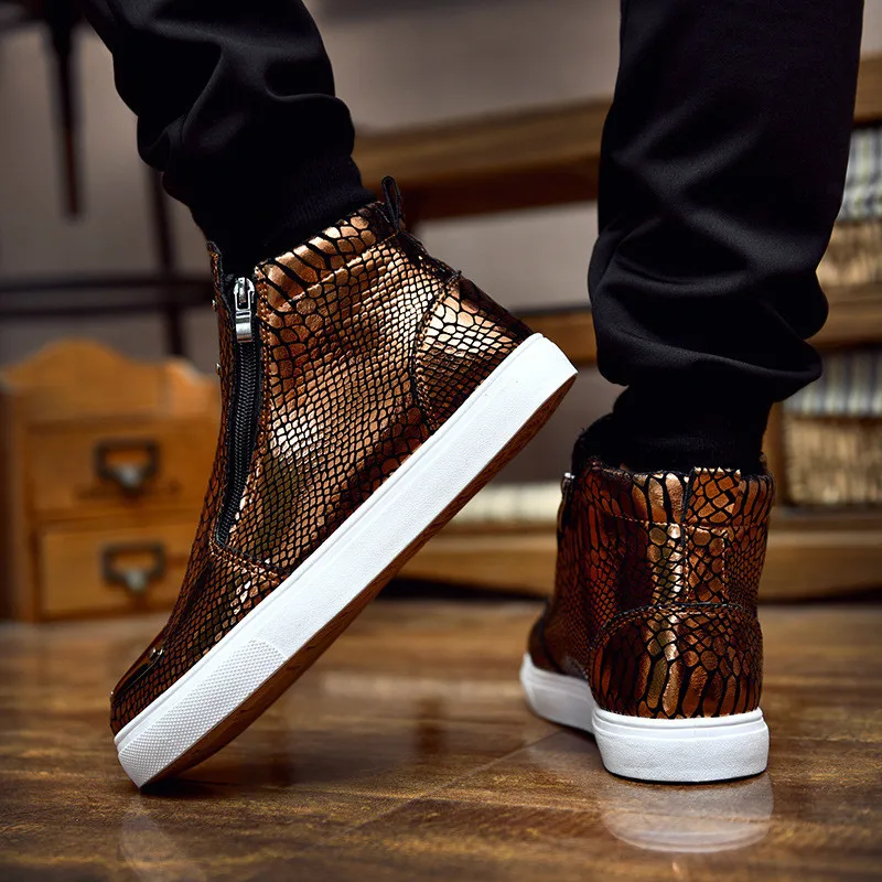 

2020 Men Shoes Fashion Bling High Top Zipper Men Sneakers Height Increasing PU Leather Men Casual Shoes Breathable Size 39-44