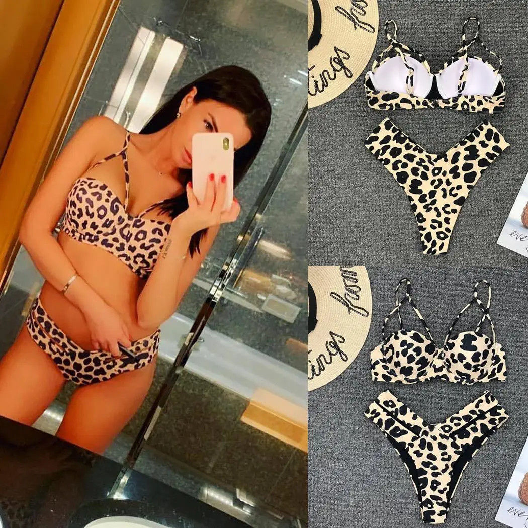 Женский летний комплект бикини с леопардовым узором однотонный пуш-ап