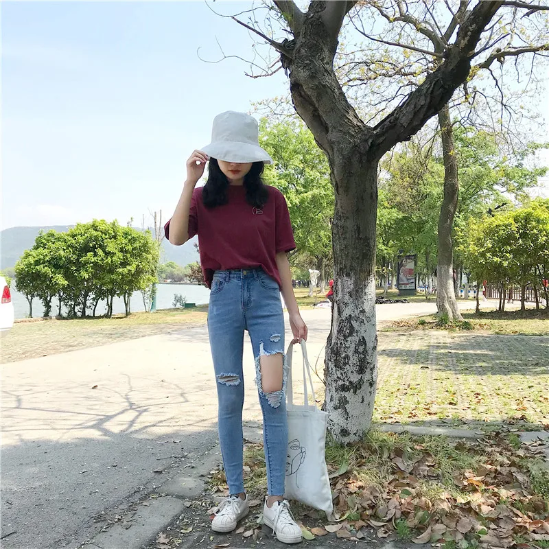 Отверстие Рваные джинсы сексуальные Для женщин Boyfriend Denim Винтаж с эластичной резинкой на талии, с Повседневное брюки женские, тонкие узкие женские укороченные брюки больших размеров Брюки
