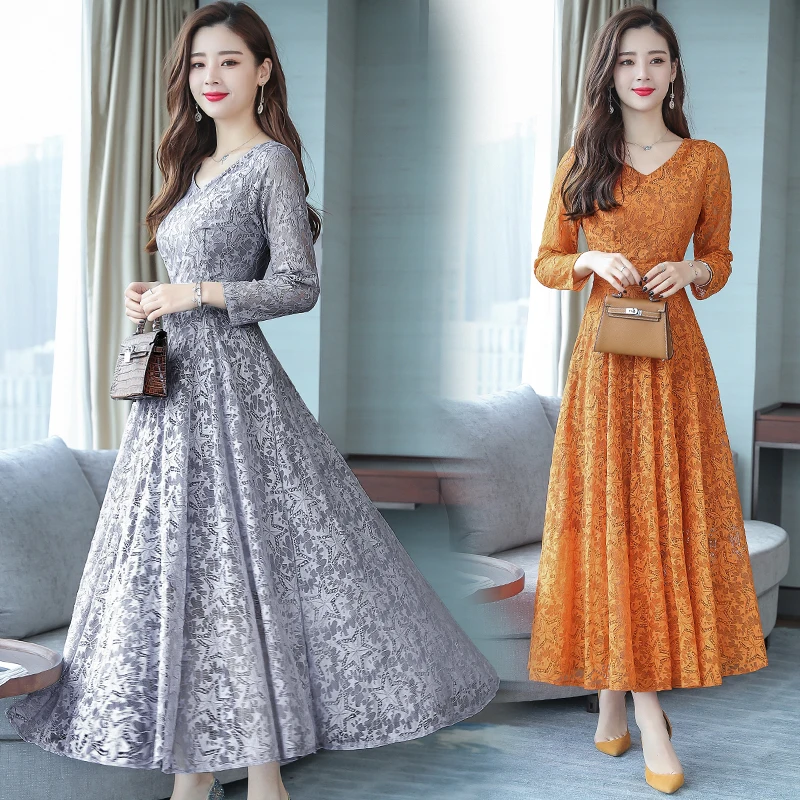 

Весенне-осеннее и зимнее Новое модное Приталенное кружевное платье с v-образным вырезом и длинными рукавами, с высокой талией, JQ154