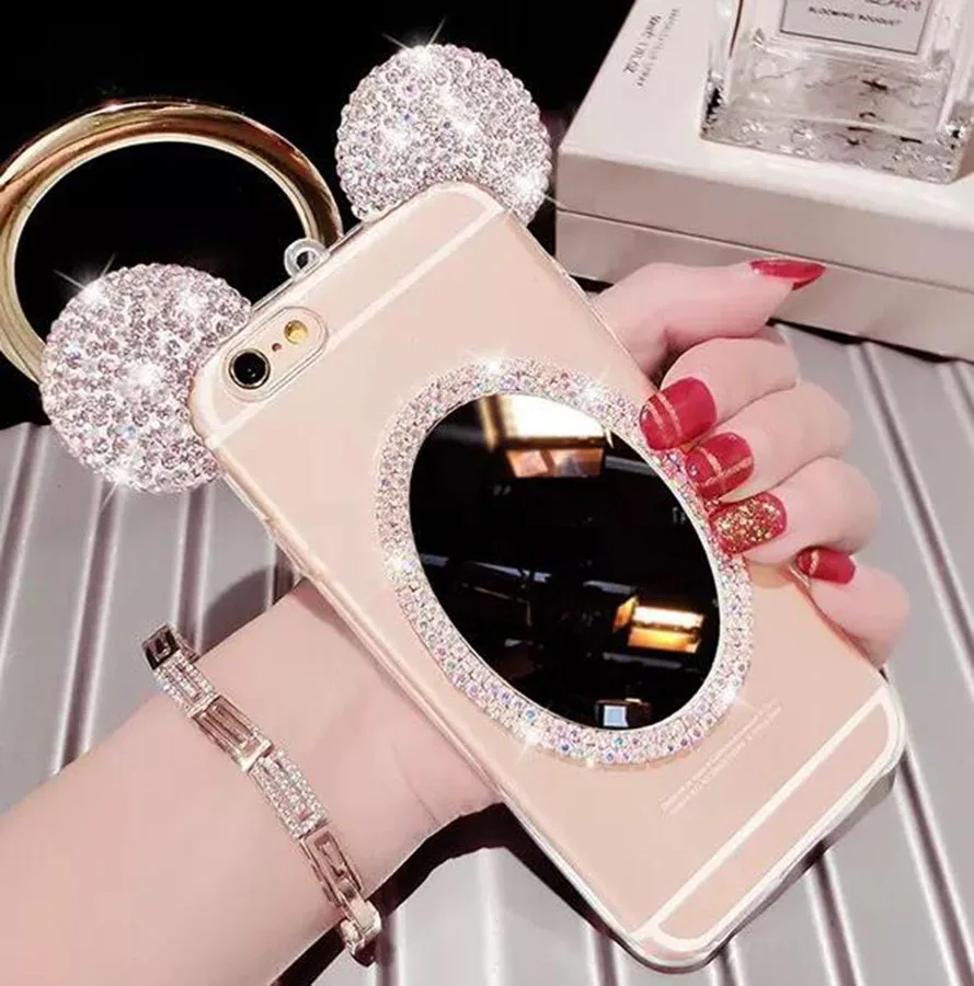 White Ears Mirror Чехол со стразами для samsung Galaxy J5 J7 S7 edge S8 Plus S9, чехол, стразы, 3D уши Микки Мауса, прозрачный ТПУ, Мягкий силикон - Цвет: White Ears Mirror