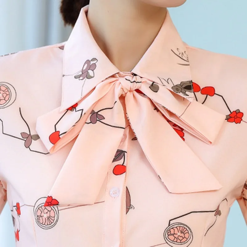 

Office Lady Long Sleeve Blouse Female Shirt Autumn Fashion Slim Bow Turn-down Collar Blouse Wild Professional Print Women Tops